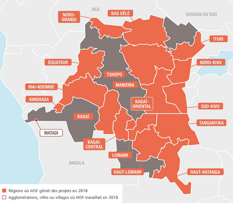 Les principales régions d’intervention de MSF en RDC en 2018