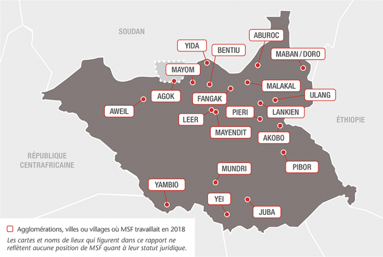 Principales interventions de Médecins Sans Frontières (MSF) au Soudan du Sud. Source : rapport international d'activités 2019
 © MSF