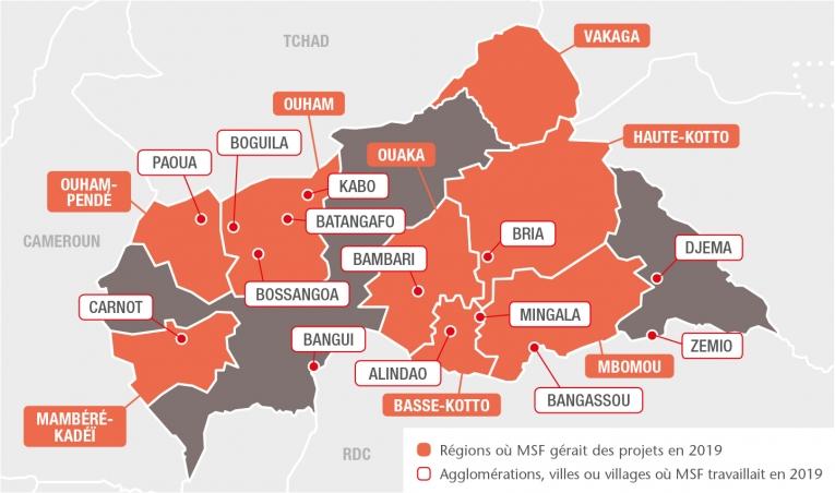 Principales régions des interventions de MSF. Source : rapport international d'activités 2019