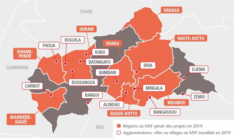 Principales régions des interventions de MSF. Source : rapport international d'activités 2019
 © MSF