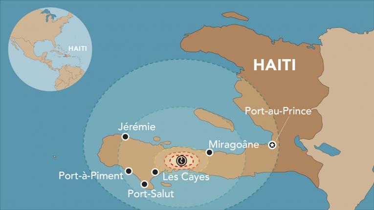 Carte d'Haïti, avec l'épicentre du tremblement de terre du 14 août 2021.
