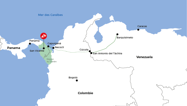 Le parcours d'Ana, depuis Barquisimeto&nbsp;au Venezuela, jusqu'à San Vicente, au Panama.
 © MSF