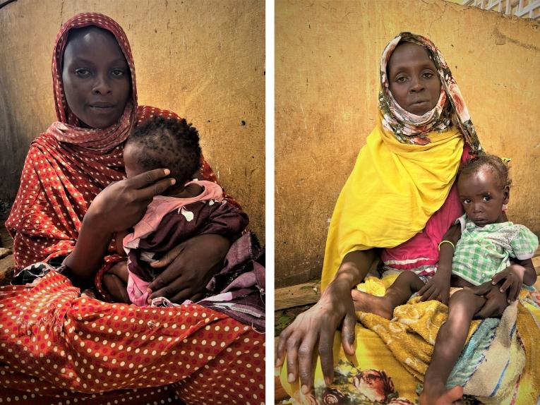 A gauche, Nasra et sa fille Oula, à droite, Hawaya et sa fille, Eman, patientes au service pédiatrique de l'hôpital d'Adré.
 © MSF / Mohammad Ghannam