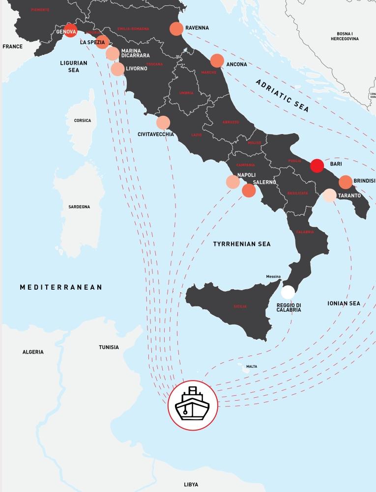 Ports italiens dans lesquels le Geo Barent de MSF a dû débarquer les survivants des naufrages, entre 2022 et 2024.
© MSF
