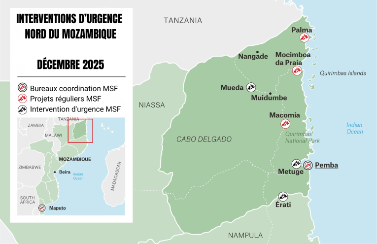 Carte des interventions de MSF au Nord du Mozambique, décembre 2025
