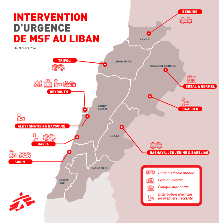 Carte des interventions d'urgence MSF au Liban.&nbsp;
 © MSF