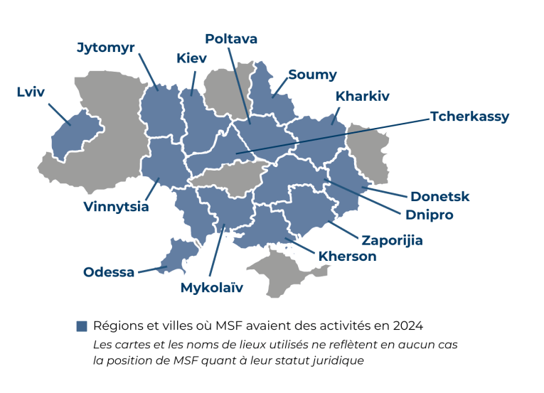 Carte des villes et régions des activités de MSF en 2024.
 © MSF