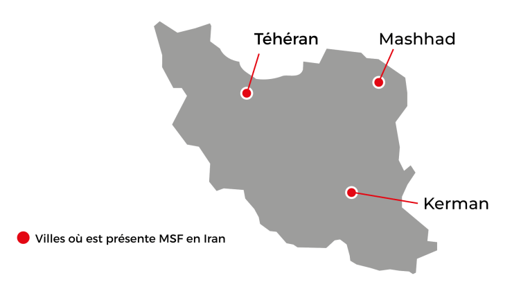 Carte des activités de MSF en Iran en 2026.
 © MSF