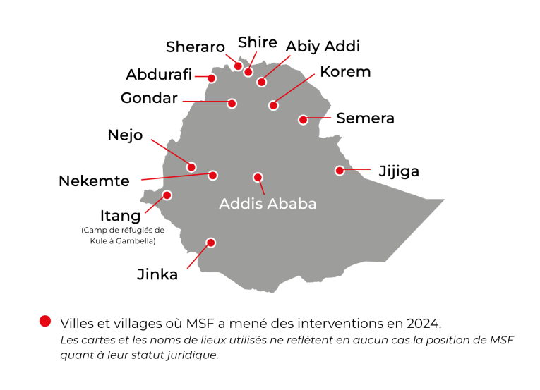 Carte des activités de MSF en Ethiopie, en 2024.
 © MSF