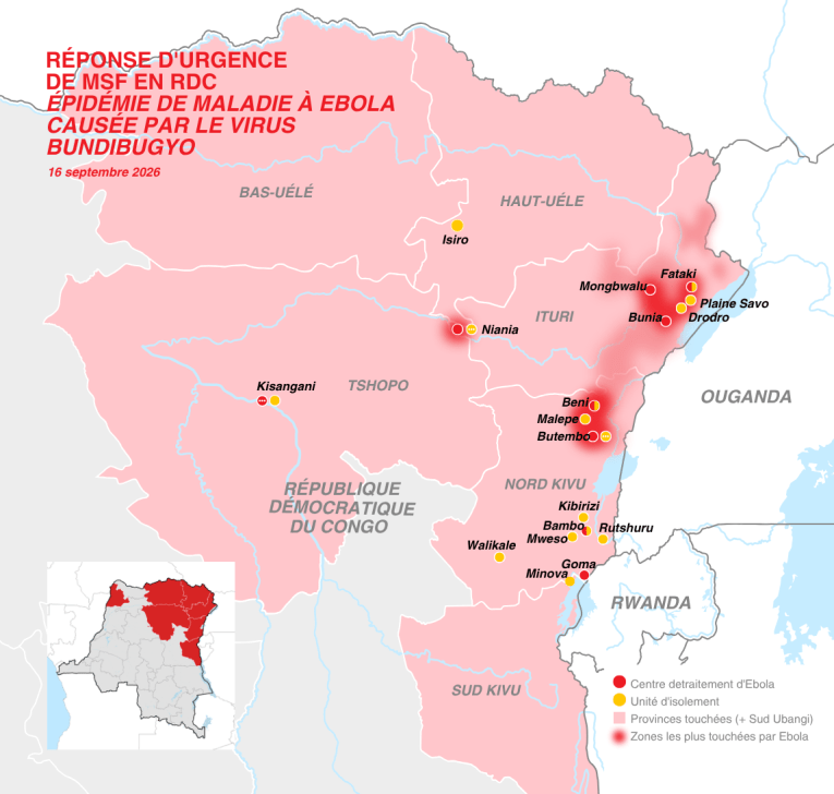 La carte de la réponse médicale de MSF en République démocratique du Congo (RDC), au 16 septembre 2026.
 © MSF