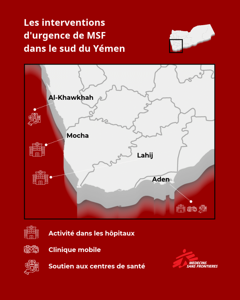 Les principaux lieux d'intervention de MSF dans le sud-ouest du Yémen.
 © MSF