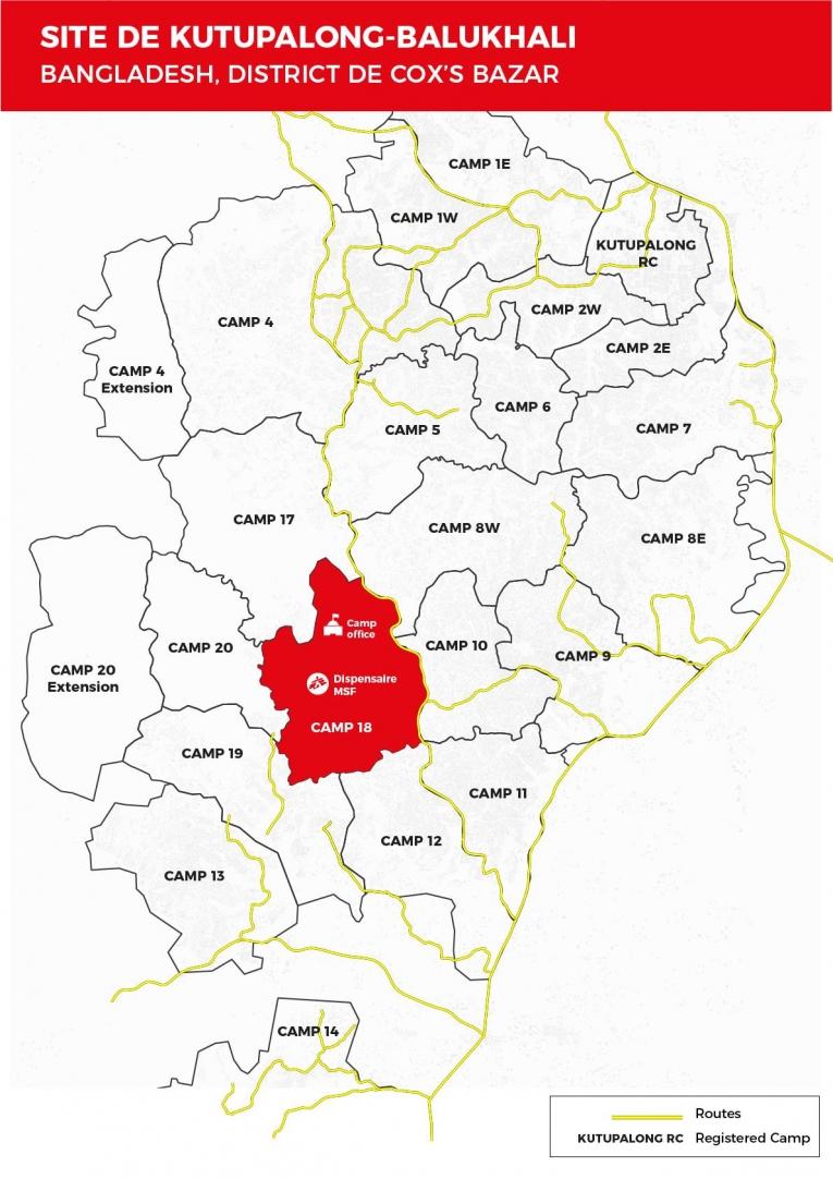 Carte des différents camps du site de&nbsp;Kutupalong-Balukhali au Bangladesh. 2018.
 © MSF - Juillet 2018