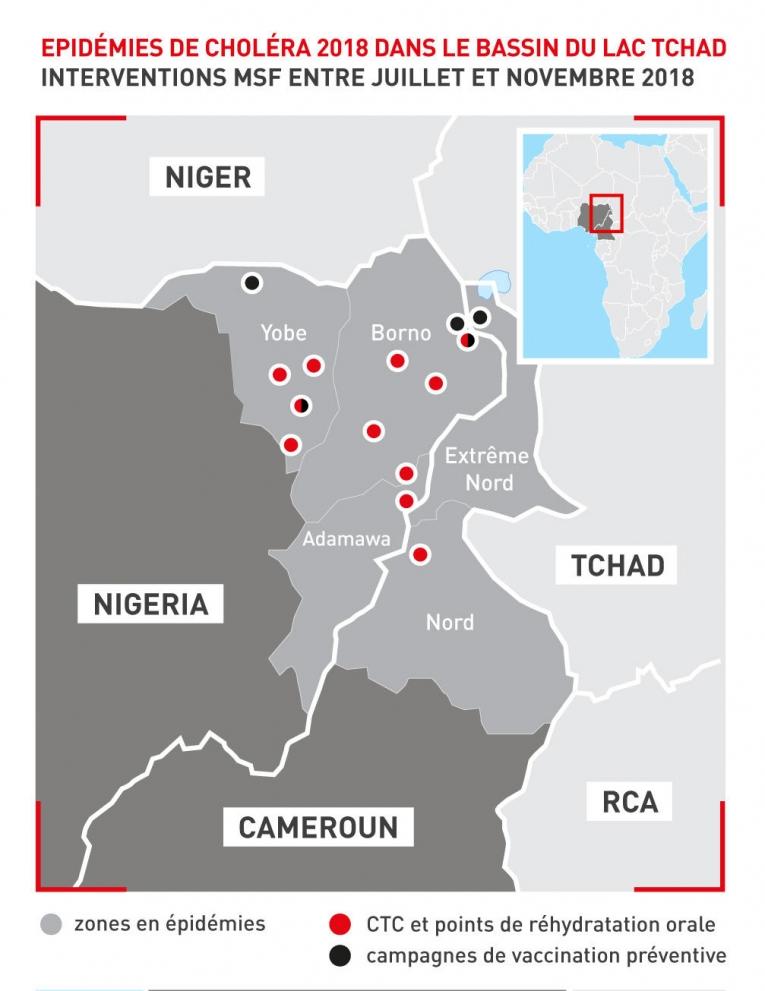 Interventions de MSF en réponse aux épidémies de choléra dans le bassin du lac Tchad en 2018.&nbsp;
