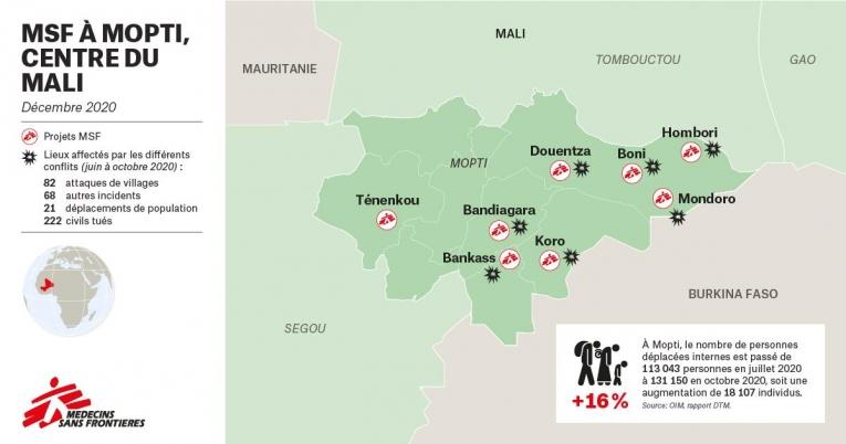 Carte des activités de MSF dans la région de Mopti, au Mali.
 © MSF