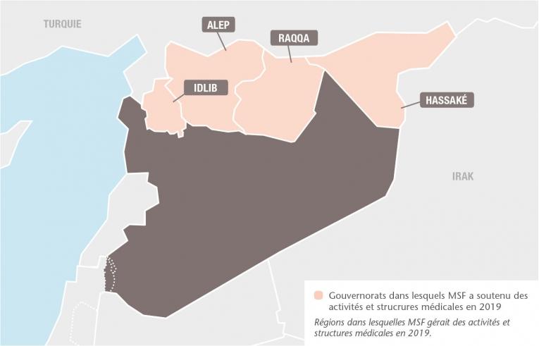 Principaux gouvernorats des interventions de MSF. Source : rapport international d'activités 2019
