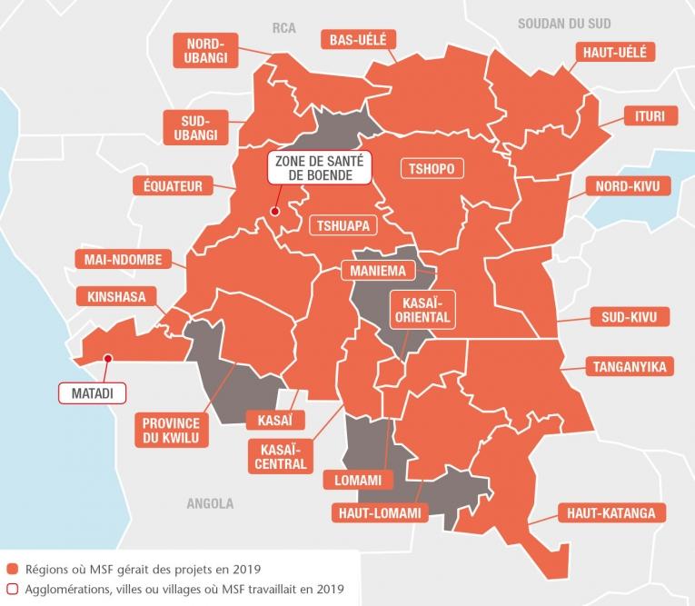 Principales régions d'interventions de MSF en RDC. Source : rapport international d'activités 2019
