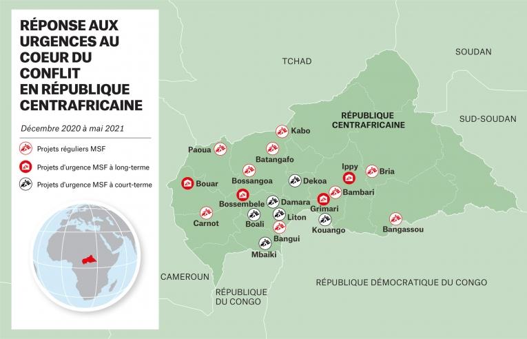 Carte des projets MSF en Centrafrique, mai 2021.
 © MSF