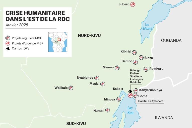 Carte des projets réguliers et d'urgence de MSF au Nord et au Sud-Kivu, RDC, janvier 2025.
© MSF