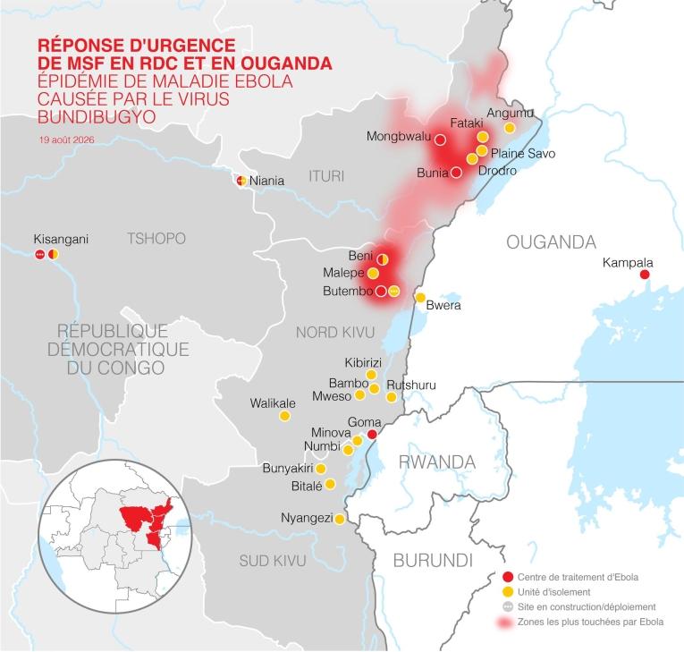 Carte des actions de MSF en RDC et en Ouganda.
 © MSF
