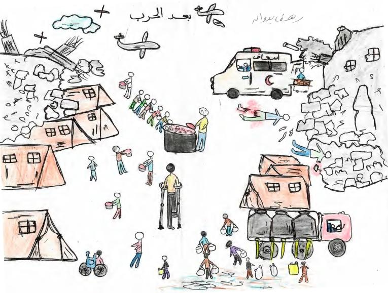 Rahaf, 11 ans, a réalisé ce dessin qui décrit la situation après la guerre : des tentes, des habitations prises pour cibles, une ambulance, un camion-citerne, des enfants remplissant des bidons d’eau, ainsi qu’un adulte amputé d’une jambe, se déplaçant à l’aide de béquilles. Ce dessin a été réalisé lors d’une séance de soutien en santé mentale organisée par MSF à la clinique Al-Zaytoon, dans la ville de Gaza.
 © Nour Alsaqqa/MSF