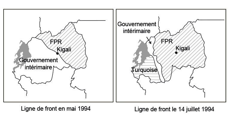 Mouvement du Front patriotique rwandais en 1994. Carte éditée par Jean-Hervé Bradol et Marc Le Pape à partir de la carte de l'Évaluation conjointe de l'aide d'urgence au Rwanda, Étude 3, L'aide humanitaire et ses effets, Londres, ODI, 1996, p. 30. Thumbnail