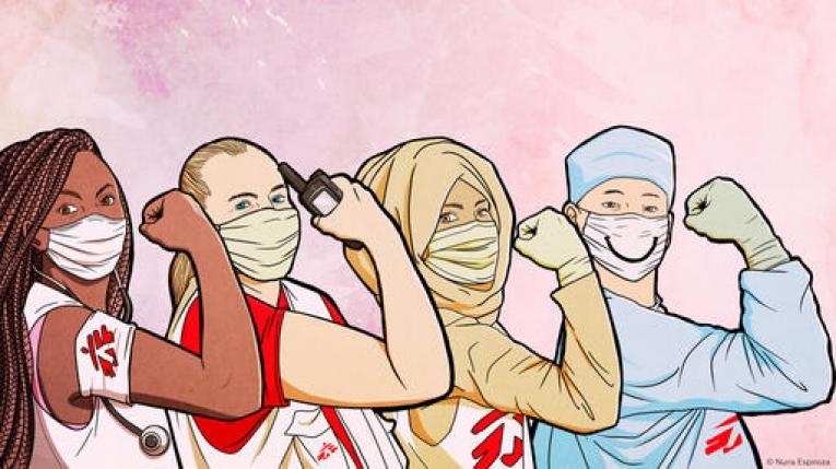 Une infirmière MSF procède à l'évacuation d'une femme enceinte de 9 mois, qui souffre de complications. Malawi. 2015. COVID-19 Solidarity Illustration