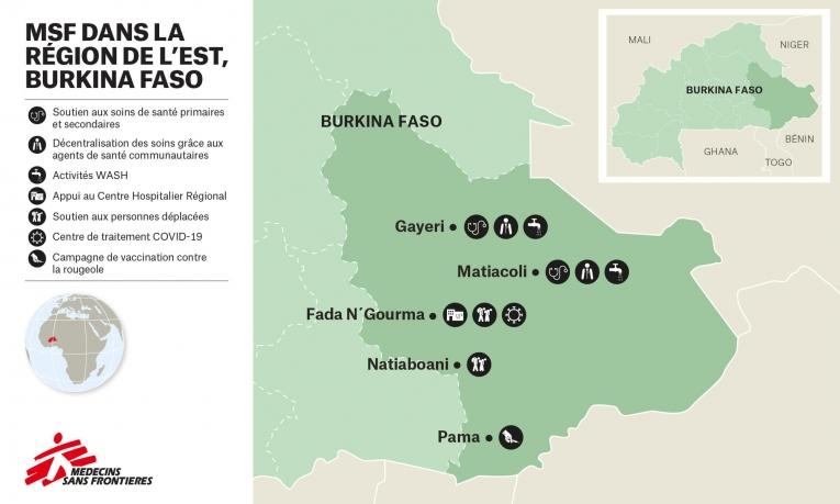 Carte des activités de MSF dans l'est du Burkina Faso.