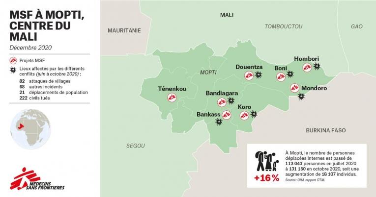 Carte des activités de MSF dans la région de Mopti, au Mali.
