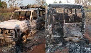 Véhicule MSF incendié après une attaque à main armé dans la périphérie de Yei. Soudan du Sud. 2022.