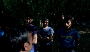 Un groupe de réfugiés dans une forêt à proximité du village d'Adasevci. Serbie. Juillet 2017.