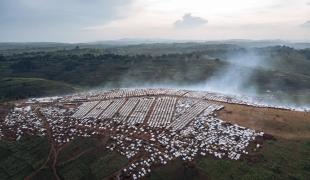 Vue aérienne du camp de Rhoe, situé à 8 kilomètres du village de Drodro et à 65 km au nord-est de la ville de Bunia, chef-lieu de la province de l'Ituri.