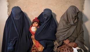 Des femmes dans la salle d'attente des urgences de l'hôpital MSF de Boost, à Lashkar Gah, dans la province d'Helmand. Salma, 23 ans, porte Samina, 6 mois, dans ses bras.