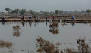 Des villageois traversant une route endommagée par les eaux le long d'un village près de la ville de Garhi Khairo, dans le district de Jacobabad, dans la province du Sindh au Pakistan, le 28 octobre 2022.