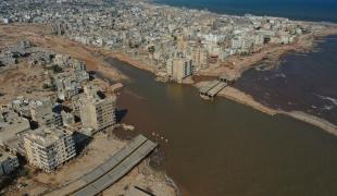 Vue aérienne de la ville de Derna, détruite par des inondations causées par la tempête Daniel. 17 septembre 2023. Libye.