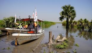 Une embarcation rapide MSF amarrée à Toch a été chargée de boîtes de vaccins contre l'hépatite E à destination de l'hôpital MSF d'Old Fangak, dans l'État de Jonglei.