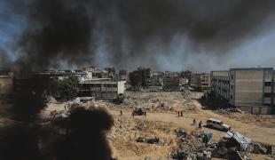 Palestine, Khan Younis, sud de Gaza, 22 avril 2024. Vue sur la ville de Khan Younis depuis le toit de l'hôpital Nasser, auparavant le plus grand hôpital du sud de Gaza. 