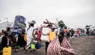 Des familles quittent les camps de Lushagala et Bulengo, portant leurs colis sur le dos et sur la tête. Certains déplacés prennent la route à pied.