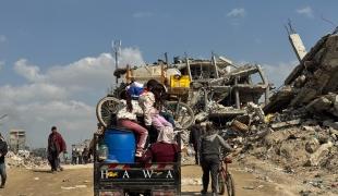Une famille palestinienne déplacée à bord d'un tuktuk, revenant s'installer dans la ville de Beit Lahia, au nord de la bande de Gaza.