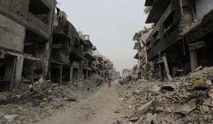 Rues et bâtiments détruits à Beit Lahia, au nord de la bande de Gaza, février 2025.