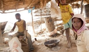 Des enfants travaillent dans un site d’extraction d’or à Bagega. Ibrahim (à droite) 10 ans doit alimenter la broyeuse avec les pierres concassées.