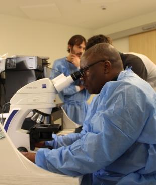 Un membre des équipes de Médecins Sans Frontières utilise le microscope du Mini-Lab. 2019.