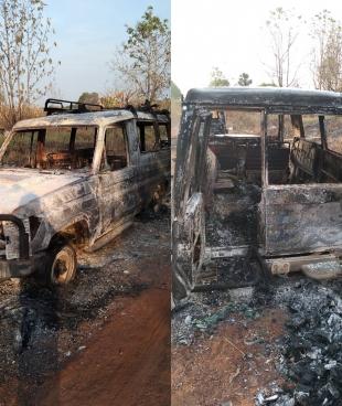 Véhicule MSF incendié après une attaque à main armé dans la périphérie de Yei. Soudan du Sud. 2022.