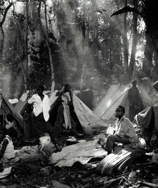 Dans le village de Biaro, les réfugiés rwandais hutus sont épuisés et tentent de se reposer. Ils ont fui les camps de Goma et de Bukavu dans l'est du Zaïre pour échapper aux attaques de l'Alliance des forces démocratiques pour la libération du Congo-Zaïre et de l'Armée patriotique rwandaise. Zaïre. 1997.