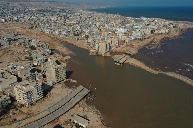 Vue aérienne de la ville de Derna, détruite par des inondations causées par la tempête Daniel. 17 septembre 2023. Libye.