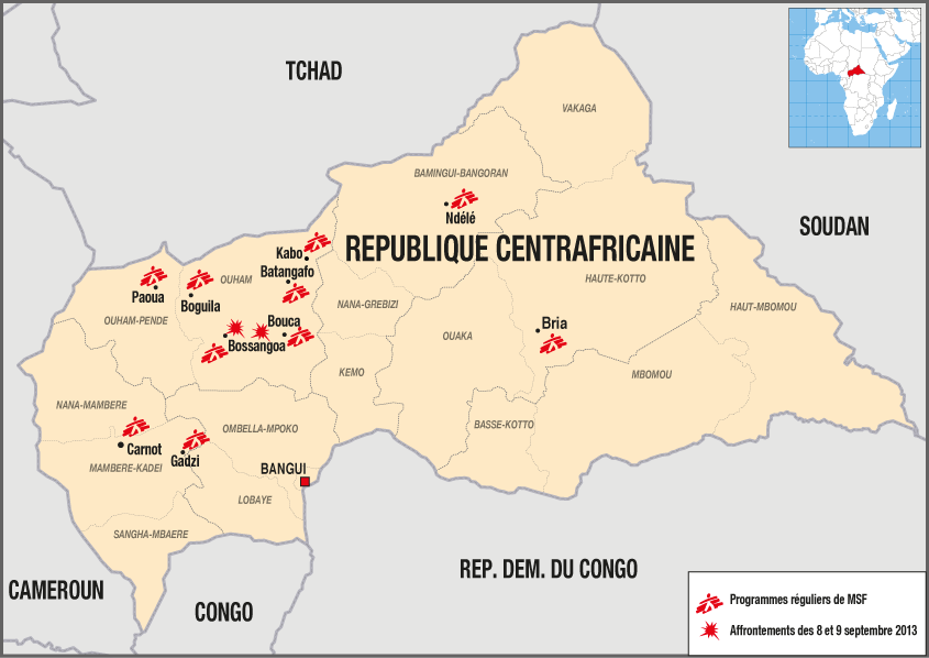 Carte des activités de MSF et des affrontements en RCA (République Centrafricaine)