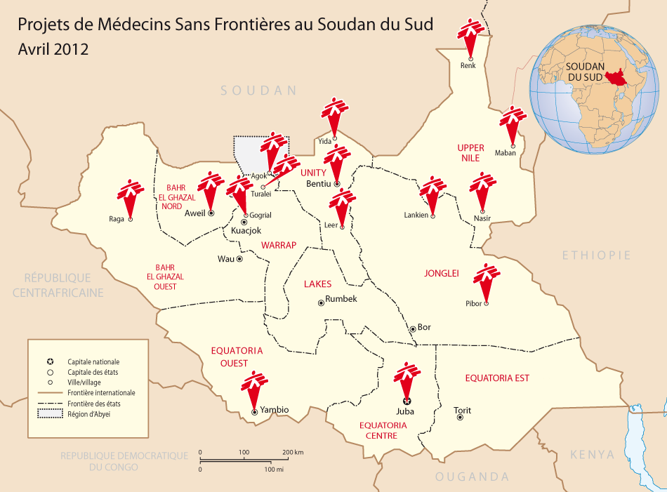 Carte des projets de MSf au Soudan du Sud
