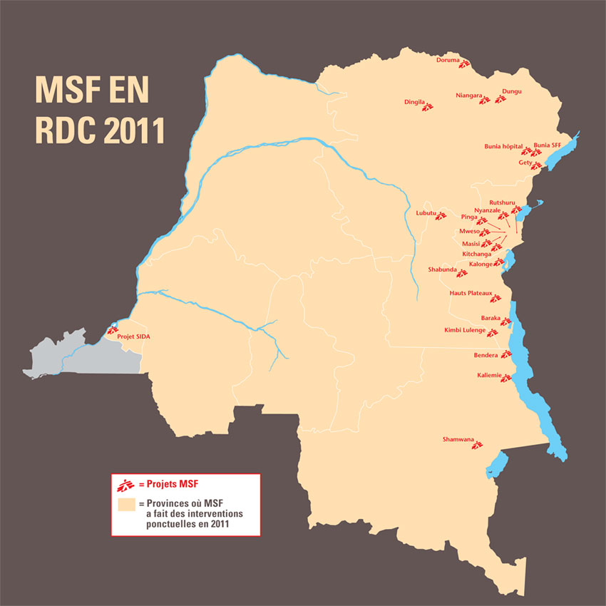 Carte des projets de MSF en République démocratique du Congo en 2011
