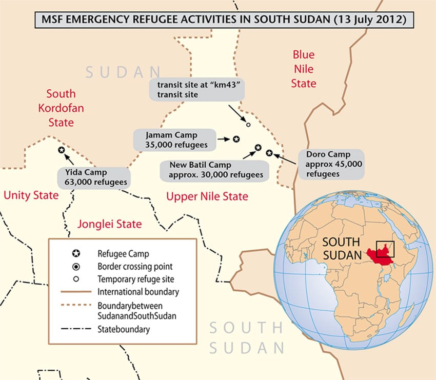 Carte des activités de MSF au Soudan du Sud (13 juillet 2012)